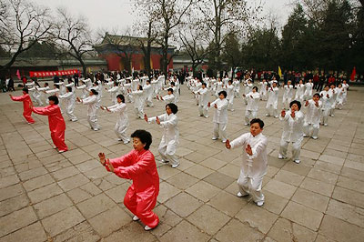 Group of Chinese people practicing qigong.